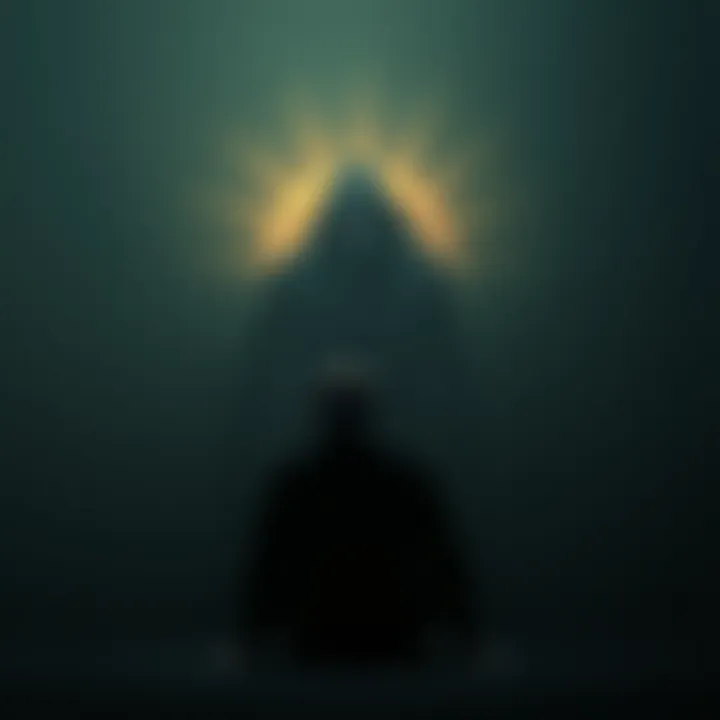 A shadowy being looms over a person in fear, with distorted features and a surreal background that resembles social media posts, evoking a blend of reality and nightmare.