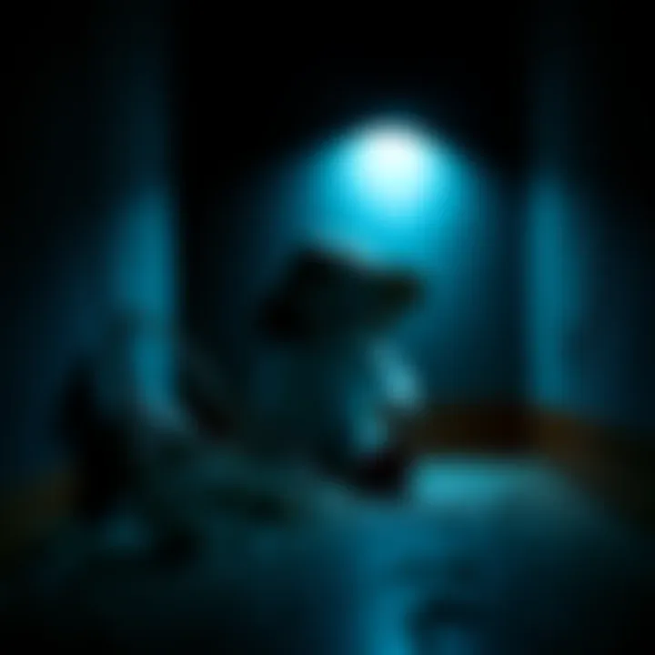 A haunting doll sitting alone in a dimly lit room with shadows surrounding it.