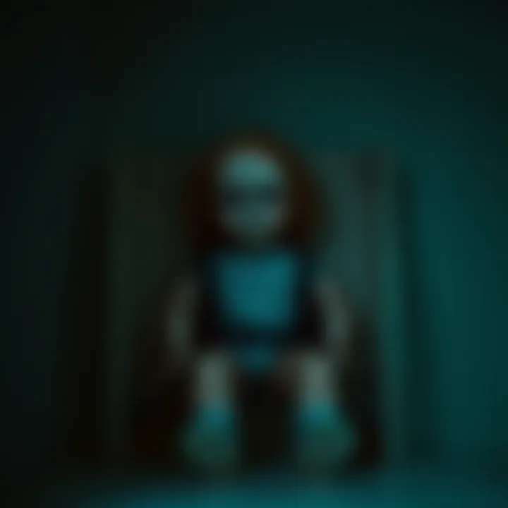 A creepy doll with cracked porcelain skin sits alone on a dusty shelf in an empty room, evoking a sense of fear and unease.