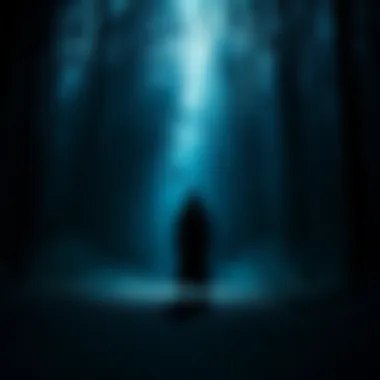 A shadowy figure stands in a dimly lit forest, giving a spooky vibe to the scene.