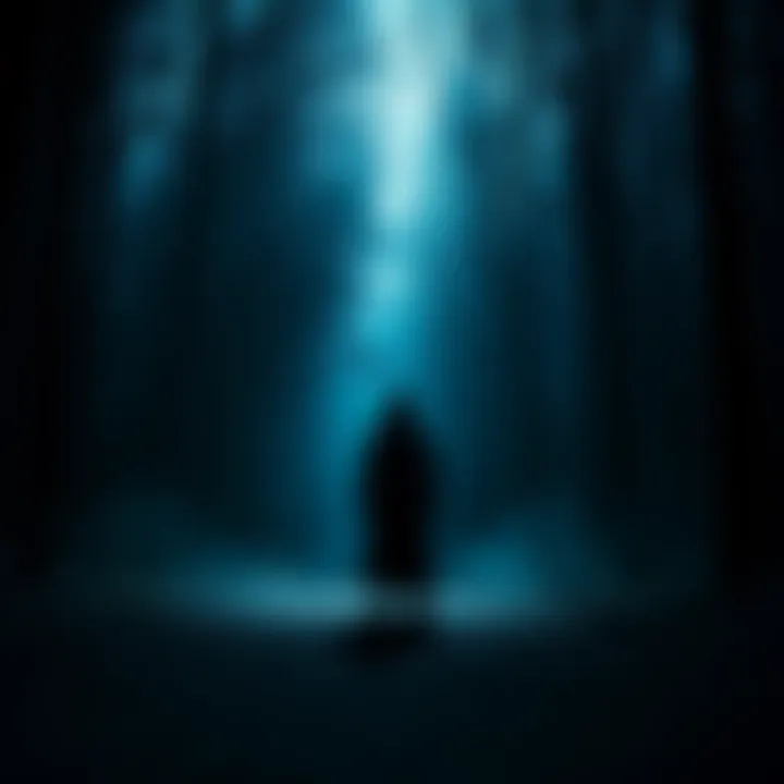 A shadowy figure stands in a dimly lit forest, giving a spooky vibe to the scene.