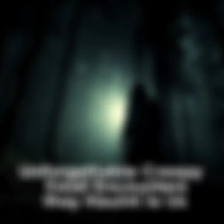 A shadowy figure stands in a dimly lit forest, evoking a sense of fear and the unknown.