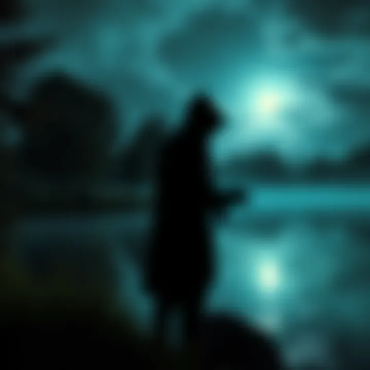 A shadowy figure lurking near a tranquil pond under a moonlit sky, evoking curiosity and suspense.