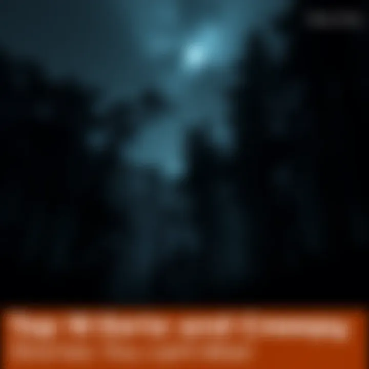 A dark and eerie forest with shadowy trees and a faint glowing light in the distance