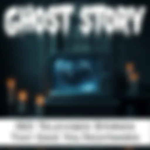 A dark room with an old television showing a ghostly figure, surrounded by candles casting eerie shadows