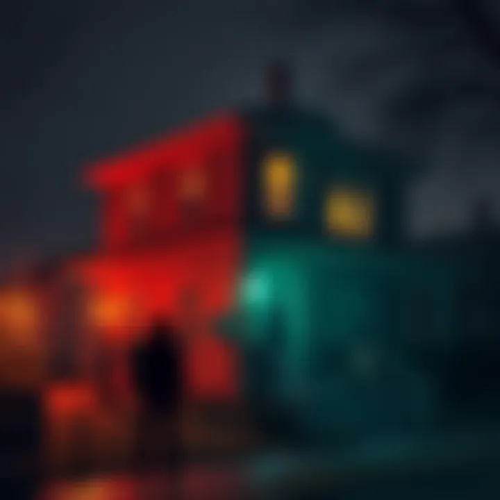 Creepy House in Chicago A two-story old house with eerie lights and a dark atmosphere, surrounded by shadowy figures of neighbors watching from a distance.