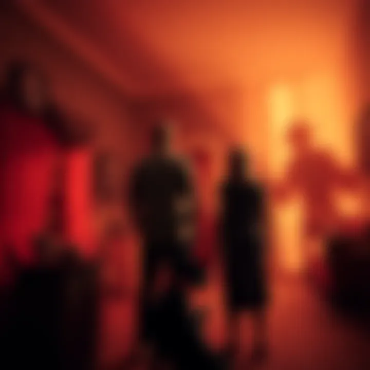 A couple stands in their dimly lit living room, looking startled as strange shadows appear on the walls. Their dog looks toward a dark corner, adding to the unsettling atmosphere.
