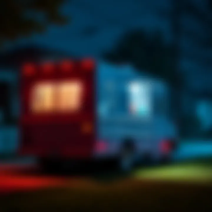 An ice cream truck parked quietly in a dark residential neighborhood with its lights off, music playing softly, causing concern among nearby parents.