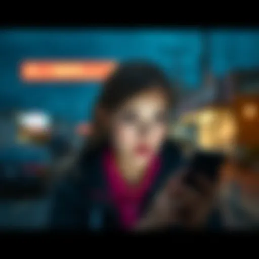 A young woman looking worried while glancing at her phone, receiving unsettling messages. She appears anxious in her small town environment.