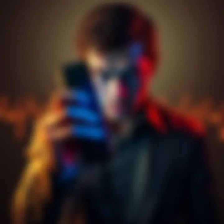 A person holding a phone with an eerie expression, surrounded by static sound waves