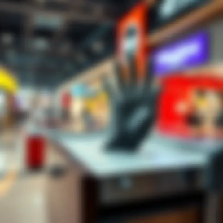 A strange cut-out picture with an eerie finger gesture resting on top of a kiosk drawer in a mall.