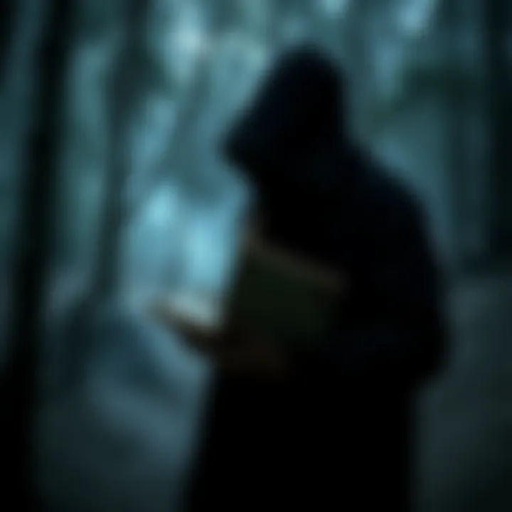 A shadowy figure in a dark forest holding an old book, surrounded by mist, symbolizing eerie tales origins