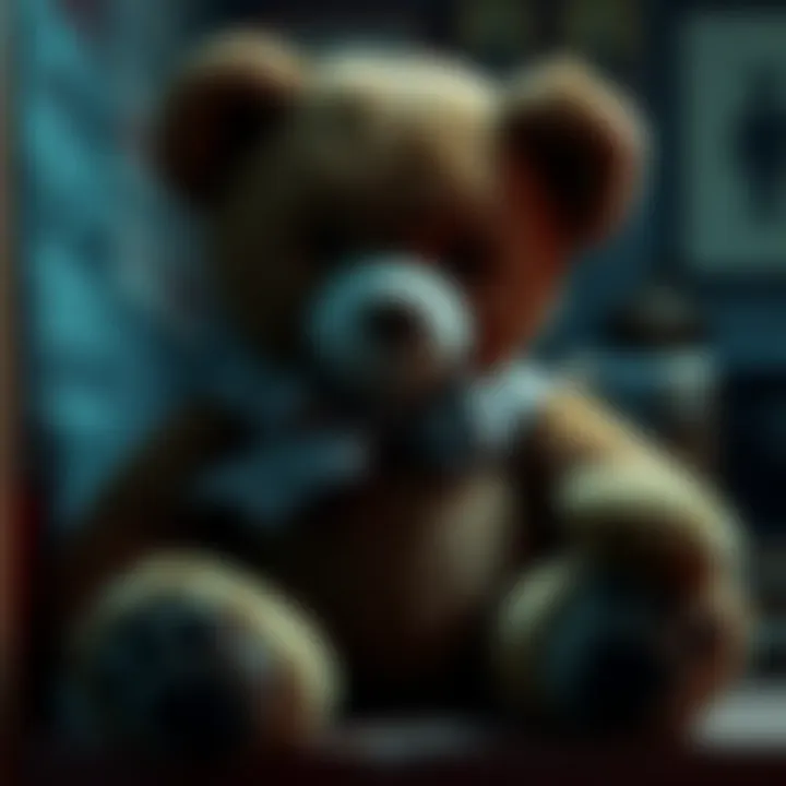 Teddy bear named Charlie with a spooky expression, sitting on a shelf, speaking with a British voice.