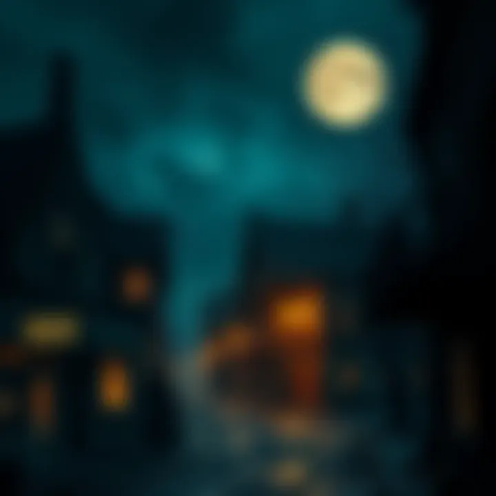 An eerie town street lit by a full moon with shadowy buildings, creating a spooky atmosphere.