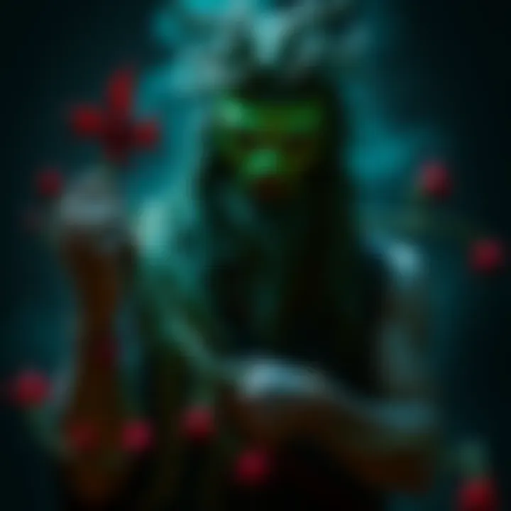 A darkly styled original character holding vines and wearing a mask, symbolizing Dionysian themes of madness and revelry