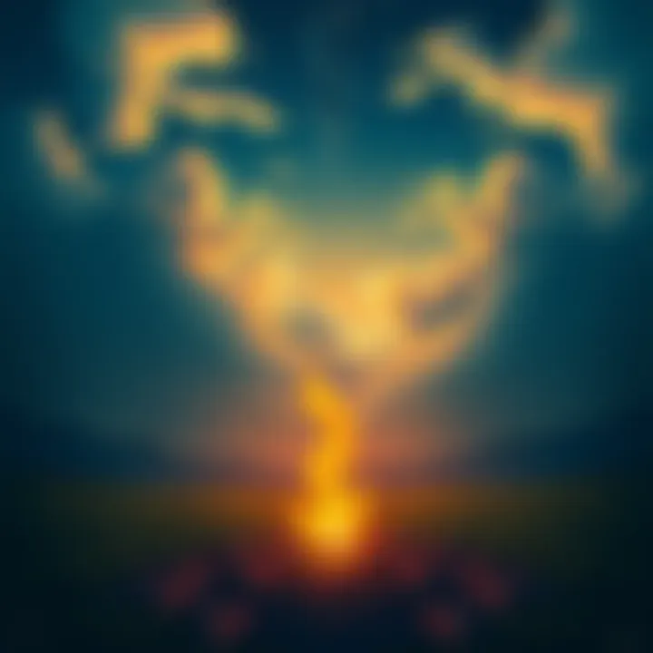 An illustration showing a serene landscape with a bonfire and a peaceful sky, symbolizing cremation and spiritual concepts of the afterlife.