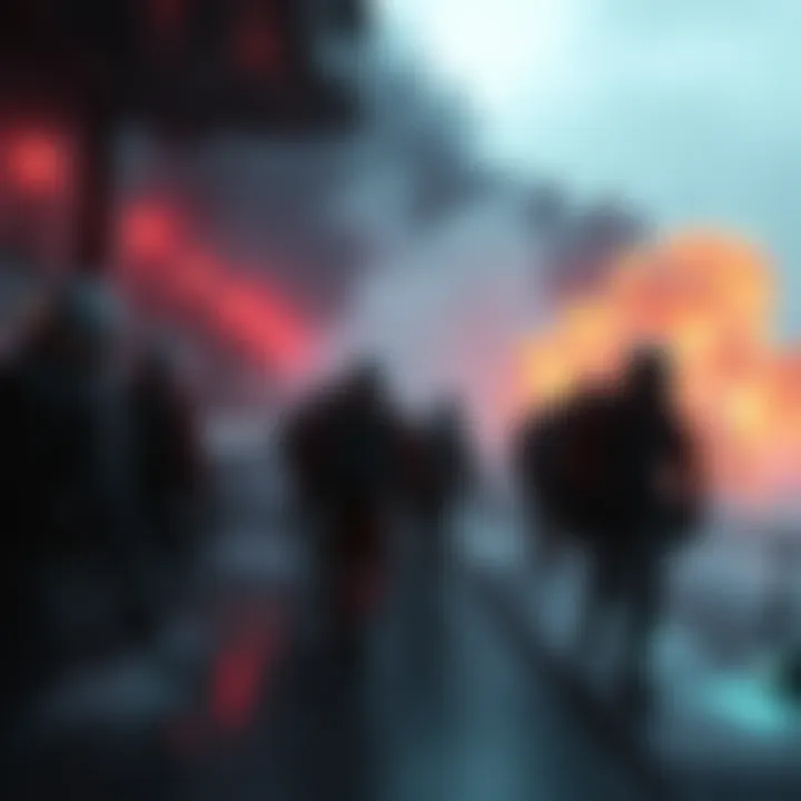 Crew members evacuating a ship as smoke rises from a chemical leak, with alarms sounding in the background.