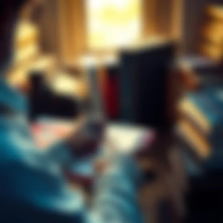 A person writing critiques on a notepad, surrounded by books on philosophy and consciousness.