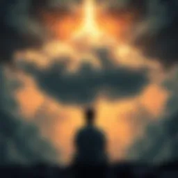 A person sitting in deep thought, contemplating the teachings of Tony Parsons and Jim Newman, surrounded by dark clouds symbolizing confusion and despair.