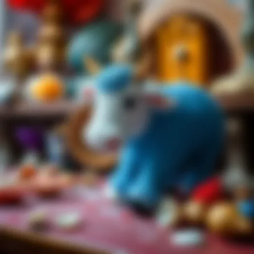 Colorful crochet shells and a cow figure for decorating Hellenic altars