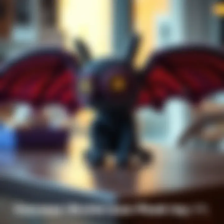 A handmade Mothman plush toy with big eyes and wings, created with colorful yarn, resting on a table