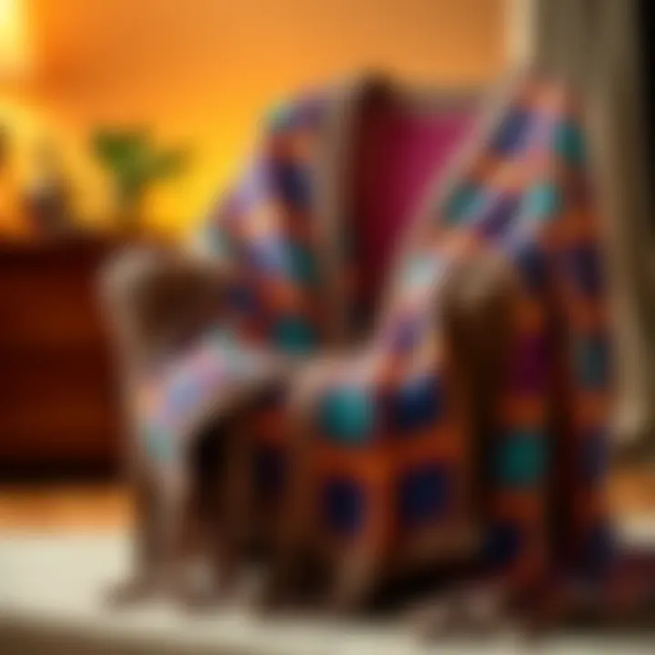 A cozy, colorful crocheted cardigan draped over a chair, symbolizing the joy of manifesting dreams and creativity.