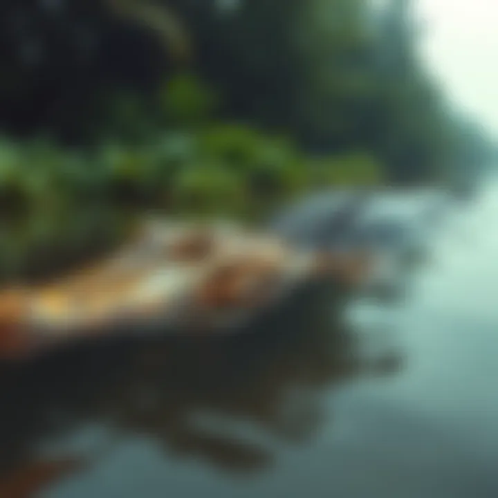 A massive crocodile with a long body seen partially submerged in the Congo River, surrounded by lush greenery.