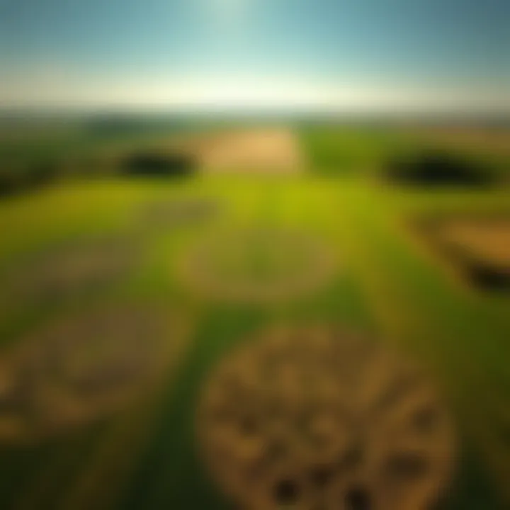 Aerial view of various crop circle patterns arranged in a green field, showcasing intricate geometric shapes.