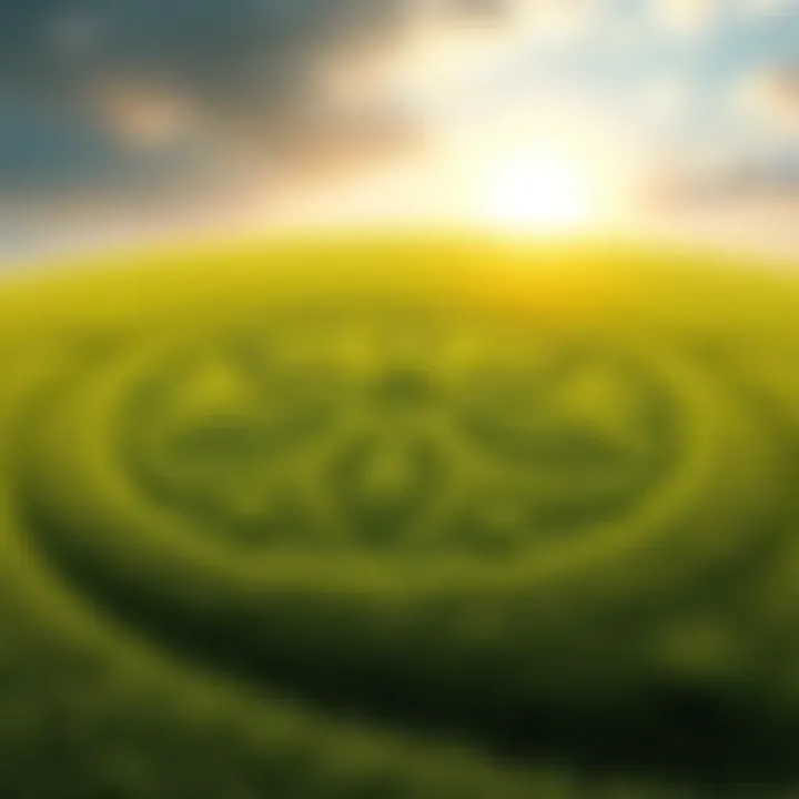 Crop Circle Design A large crop circle featuring geometric patterns and six-fold symmetry in a field.