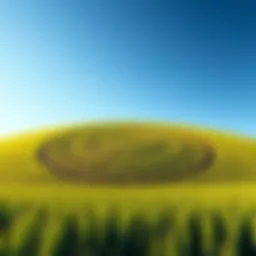A large, intricate crop circle pattern in an open field, surrounded by green crops and blue sky.