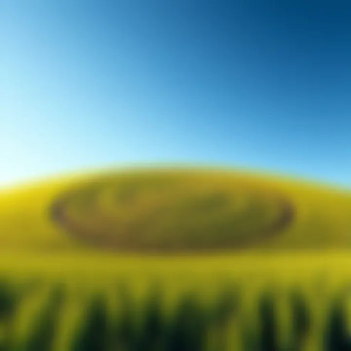 A large, intricate crop circle pattern in an open field, surrounded by green crops and blue sky.