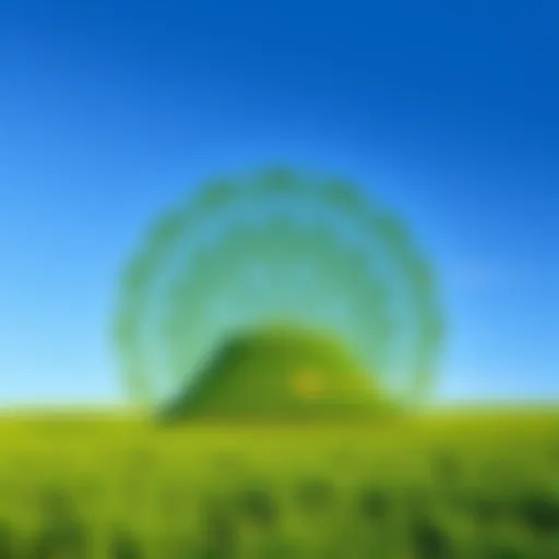 A large, intricate crop circle pattern in a green field under a clear blue sky.