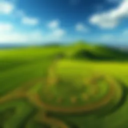 Aerial view of large crop circles in a green field, featuring intricate patterns and designs.