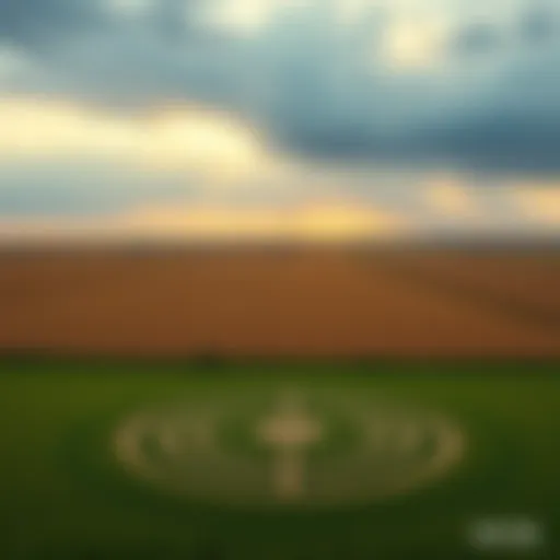 Aerial view of crop circles in a field with a background of cloudy sky and a subtle outline of a UFO in the distance.