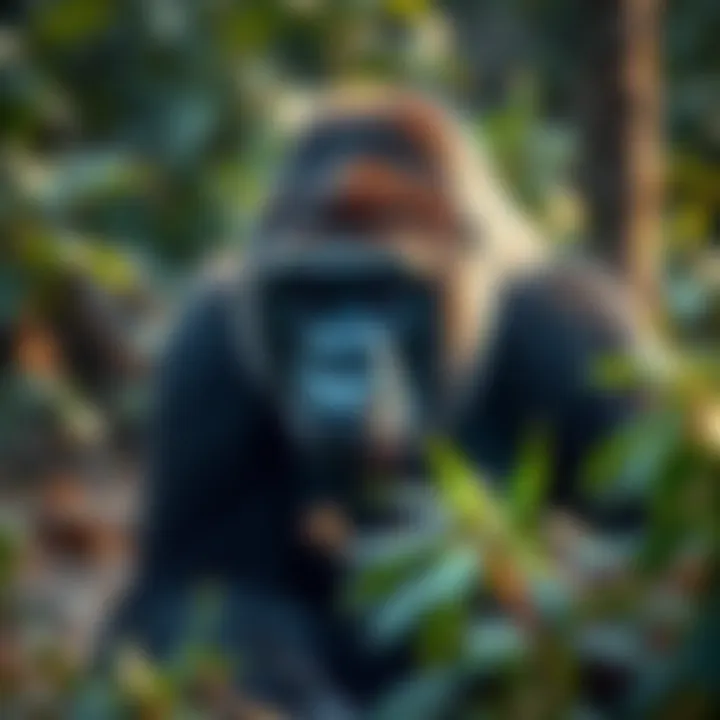 A Cross River Gorilla captured on trail cam in its natural habitat, showcasing its unique features and surroundings.