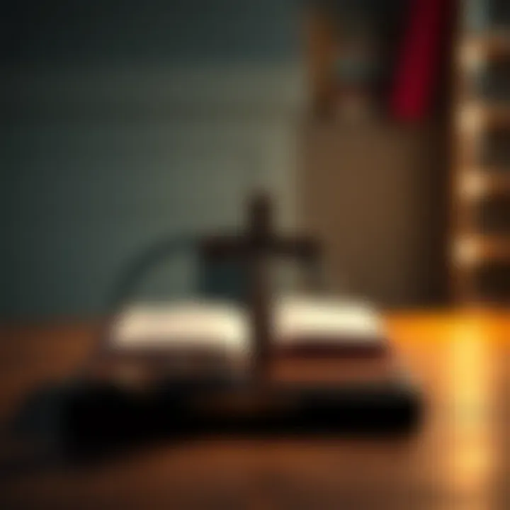 A simple wooden cross on a table, with a soft light illuminating it, symbolizing faith and reflection.