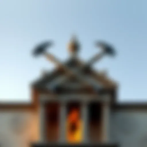 A symbol featuring crossed axes beneath a flame found on a building in Rome