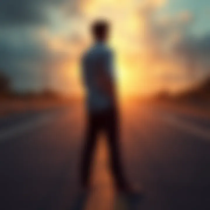 A person standing still at a crossroads, looking uncertain about which path to take