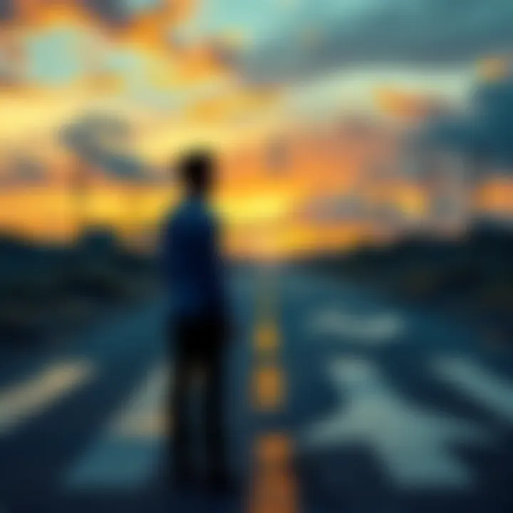 A person standing at a crossroads looking thoughtful, symbolic of choices and decisions about fame and success.