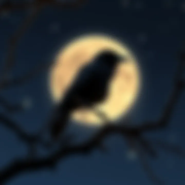 A black crow sitting on a tree branch beneath a bright full moon with stars in the night sky