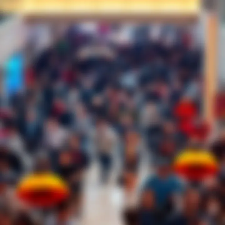 A large group of people running in panic at Bayside Mall during a chaotic incident, with police responding nearby.