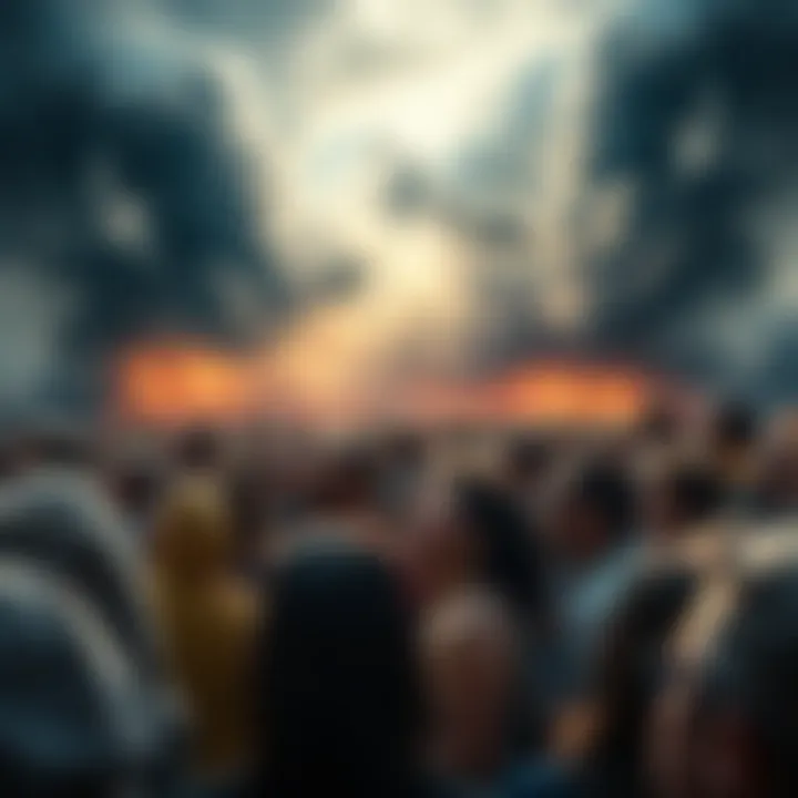 A large group of people looking up towards the sky with mixed expressions of fear and confusion as dark clouds loom above