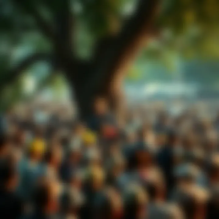 A large crowd gathers around a child sitting in a tree, with police officers present nearby at a flea market.