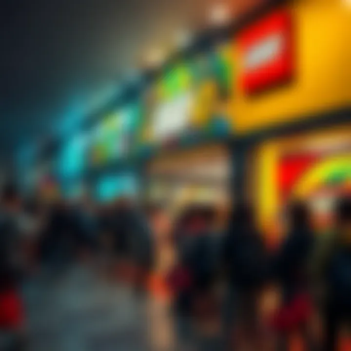 A long line of people waiting outside a Lego store, eager to enter and shop for blocks.