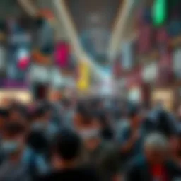 A large group of people enjoying their time at Mall World, engaging in shopping and socializing at night.