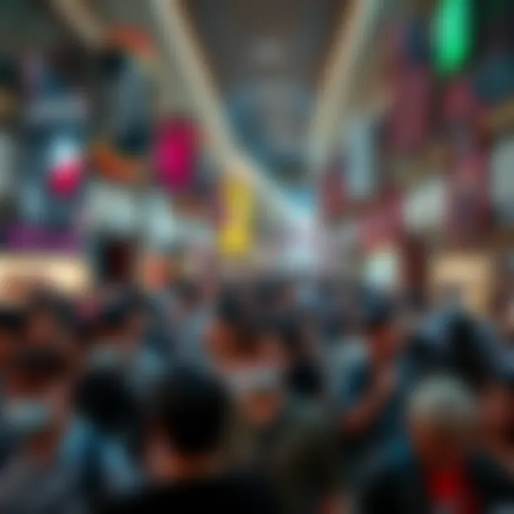 A large group of people enjoying their time at Mall World, engaging in shopping and socializing at night.