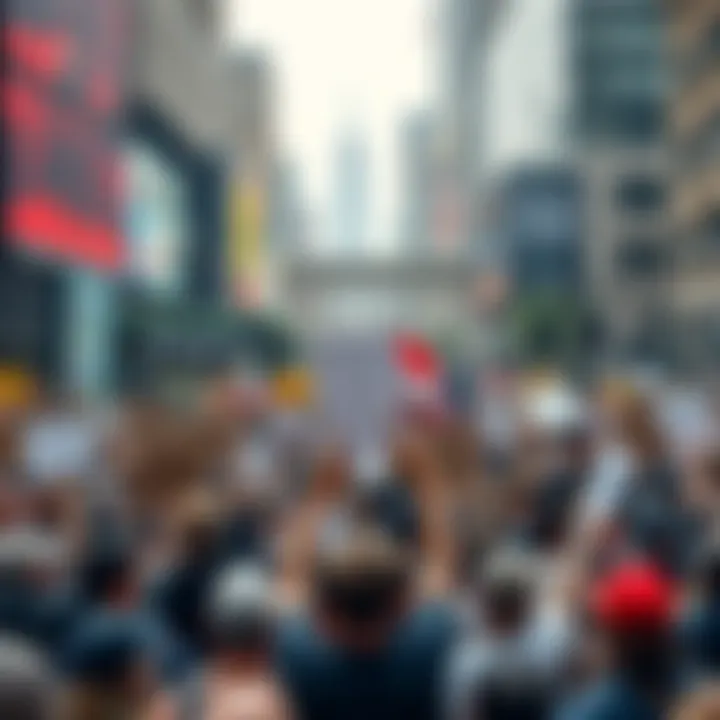 A large group of diverse people holding signs during a protest gathering in a city square, expressing their demand for social and political change.