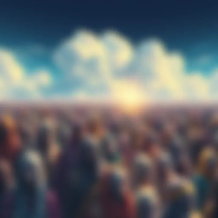 A vibrant scene depicting a massive gathering of diverse souls, symbolizing the afterlife's population, with a backdrop of clouds and soft light illuminating the figures.