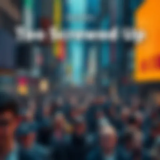 A busy city street filled with people looking confused and overwhelmed.