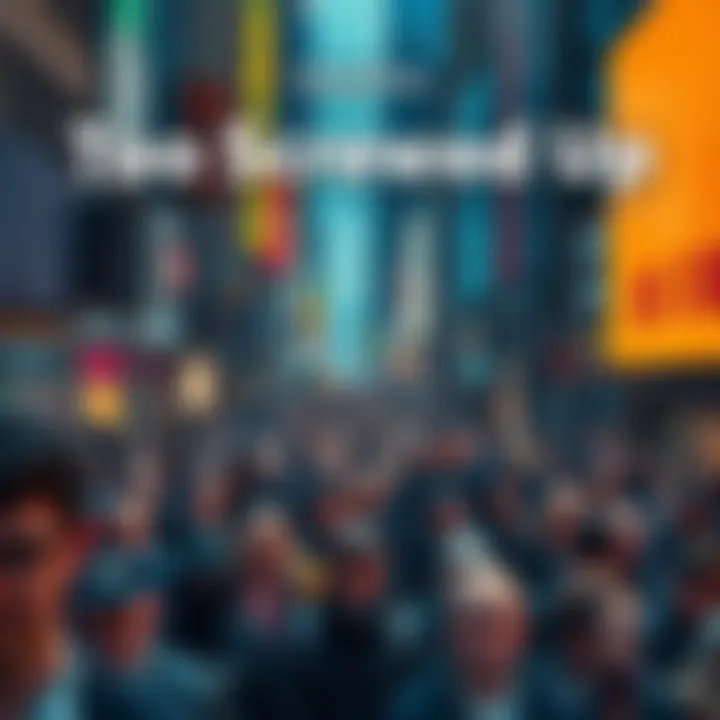 A busy city street filled with people looking confused and overwhelmed.
